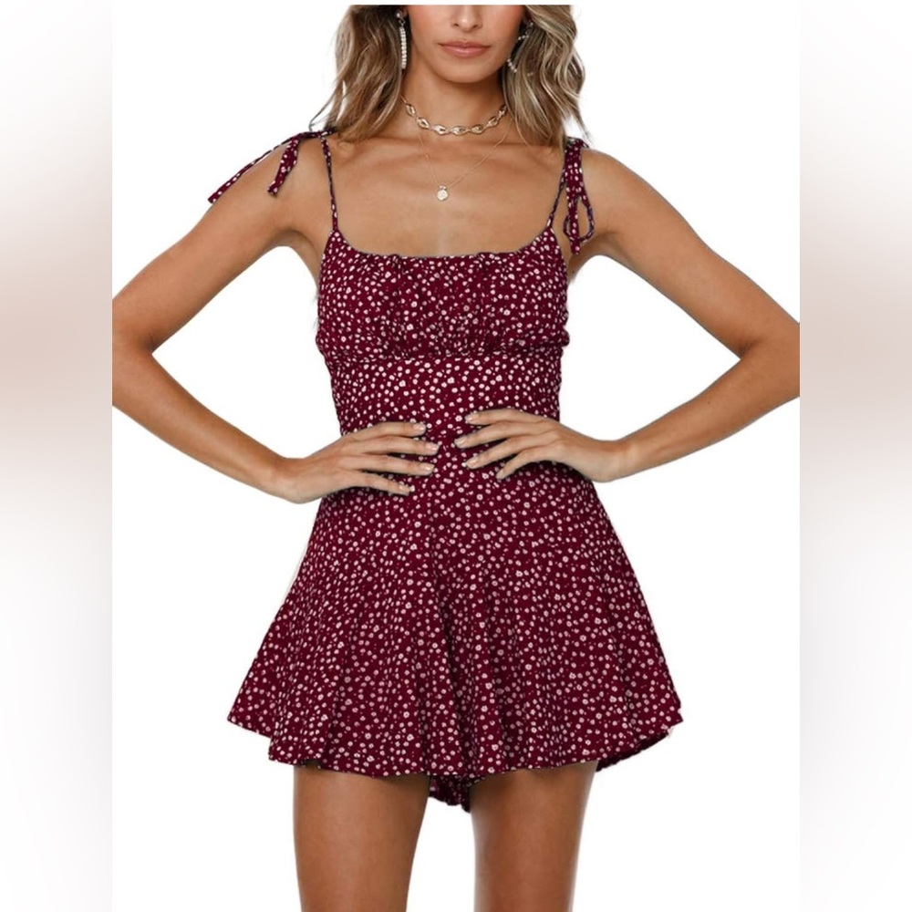 Tie sleeve red floral smocked romper